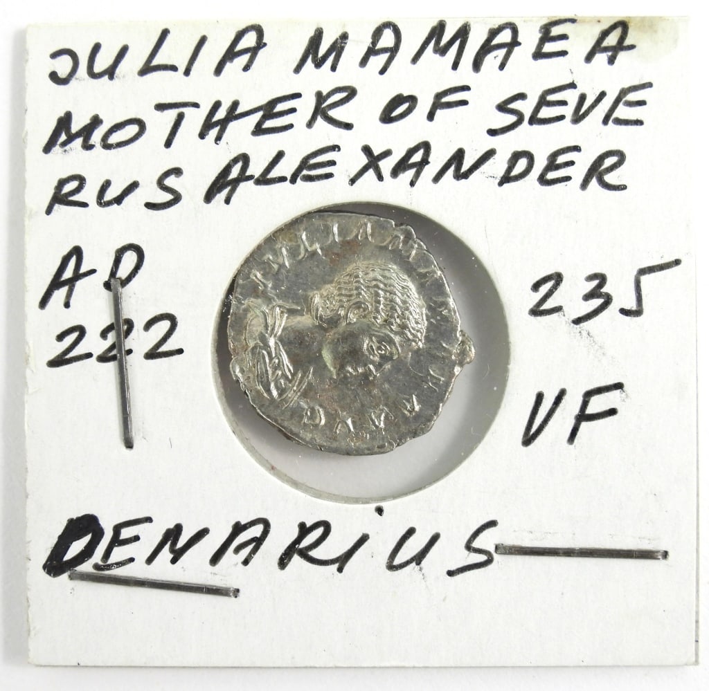 Silver Roman Empress Julia Mamaea Denarius Coin: Silver Roman Denarius coin featuring Empress Julia Mamaea, mother of Severus Alexander.