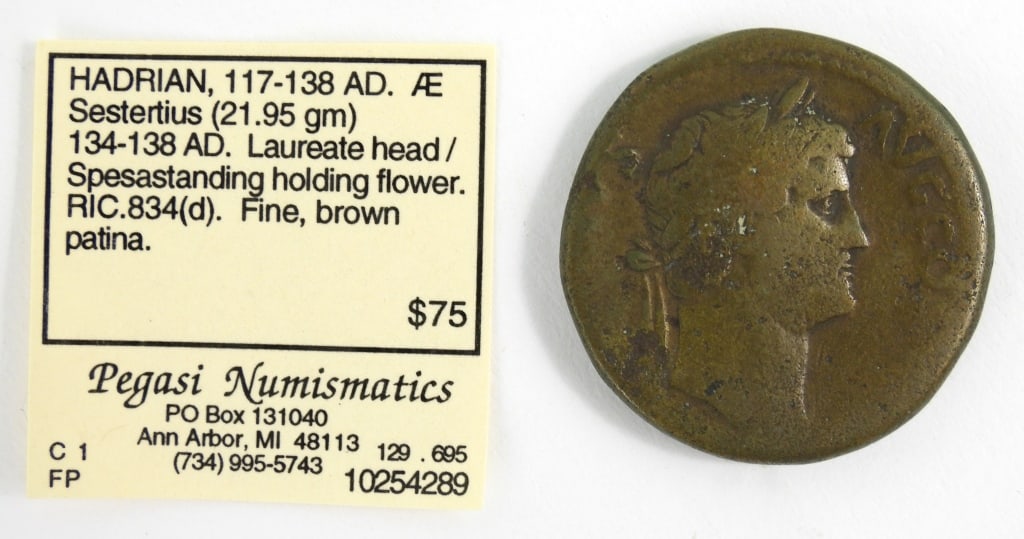 Bronze Roman Sestertius Coin: Bronze Roman Sestertius coin from the era of Emperor Hadrian, 117-138 CE.