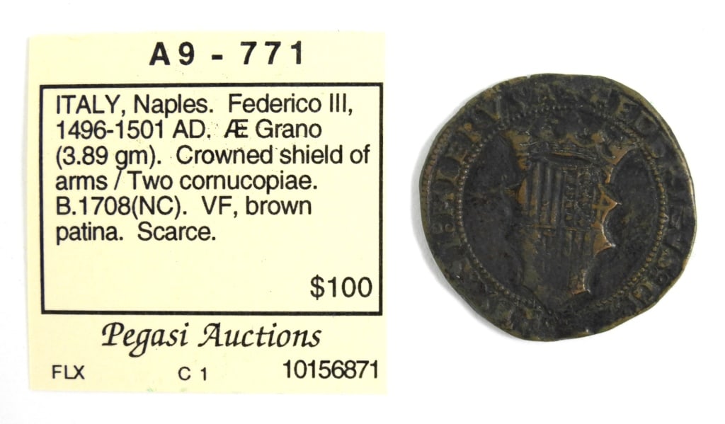 Copper Grano Naples Coin: Copper Grano coin from the Kingdom of Naples, possibly from the reign of Frederick of Aragon 1496-1501 CE.