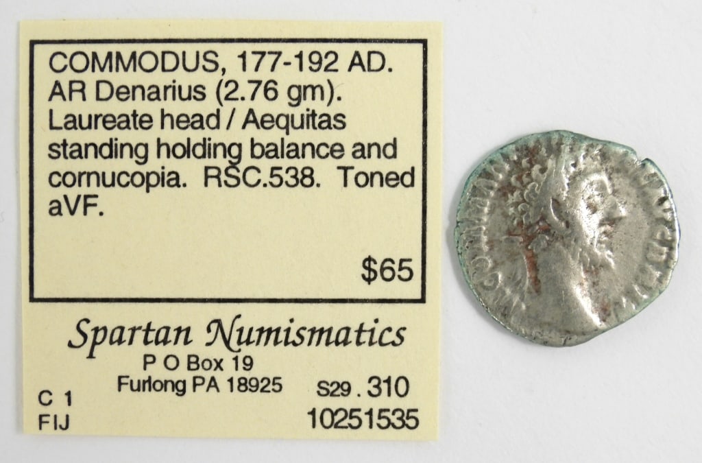 Roman Silver Emperor Commodus Denarius Coin: Roman silver Denarius coin with Emperor Commodus, circa 177-192 CE.