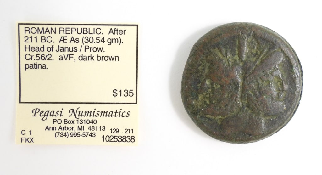 Roman Republic Coin Aft. 211 BC: Head of Janus on one side and Prow on the other symbolizing Rome's Naval force.