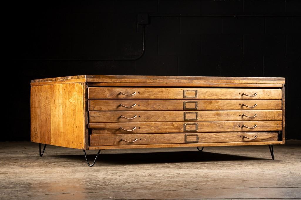 Massive Vintage Flat File Coffee Table Cabinet: This vintage flat file has overall dimensions of 53"W x 43"D x 20.75"H. The cabinet contains five drawers, each with interior dimensions of 48"W x 40"D x2"H. Please note that t