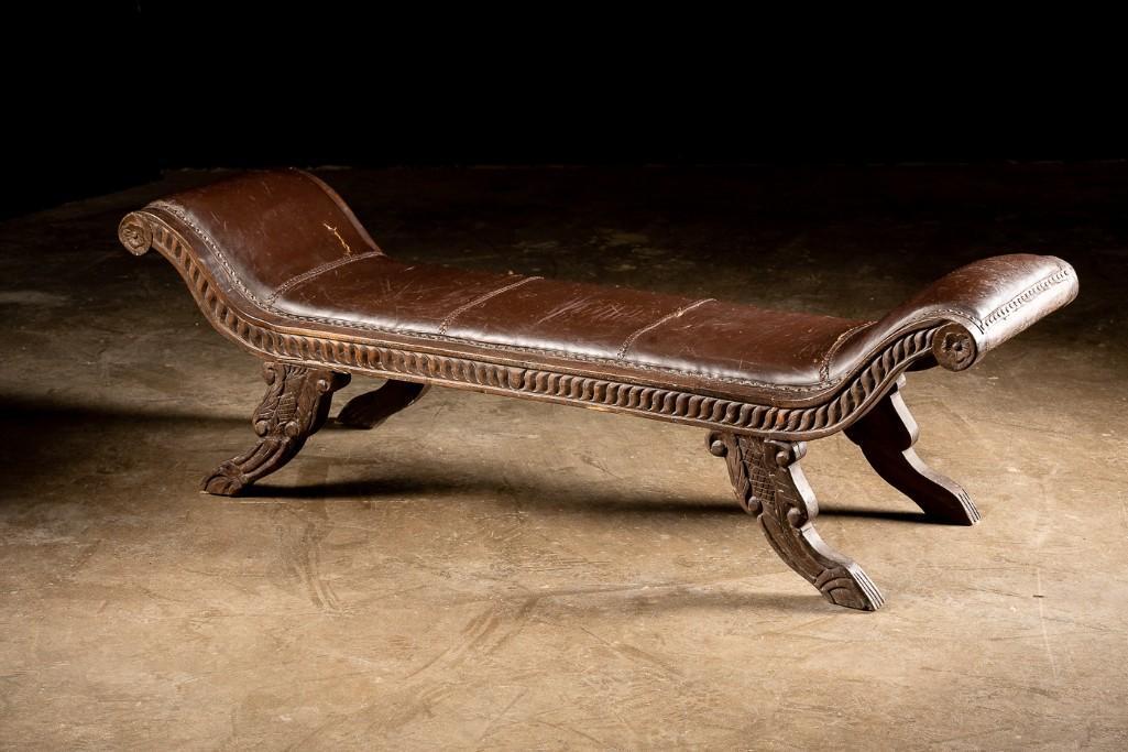Vintage Leather and Carved Wood Bench (1 of 9)