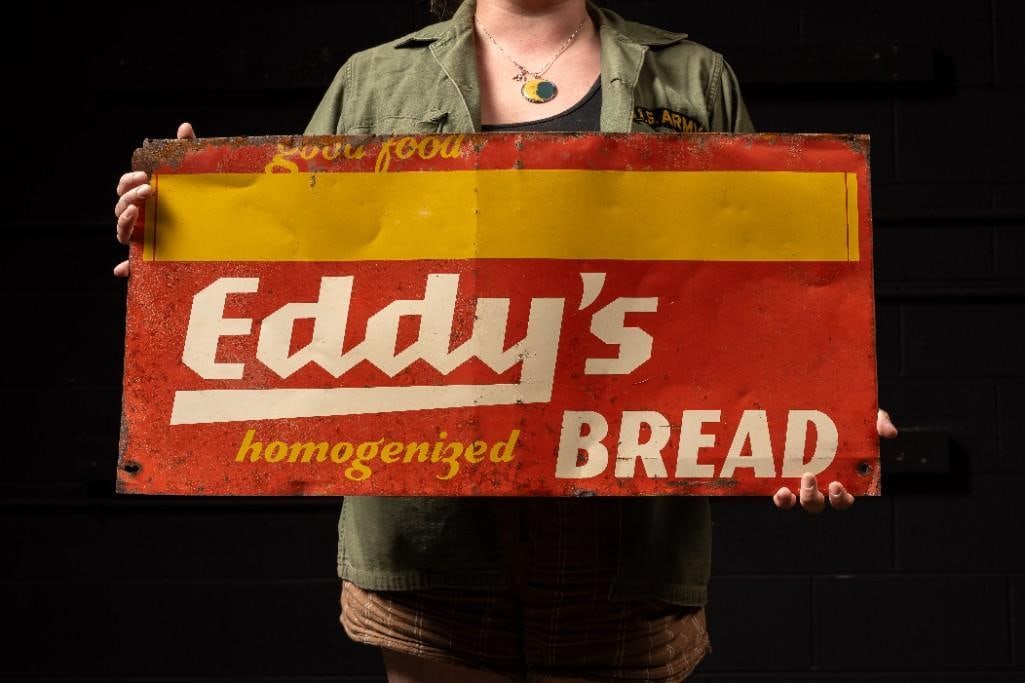 Vintage Tin Eddy's Bread Advertising Sign: **For an in-house shipping quote, please reach out to us at rockauctiongallery@gmail.com** Tin litho advertising sign for Eddy's Bread, which operated out of Helena, MT. The design of the sign itself