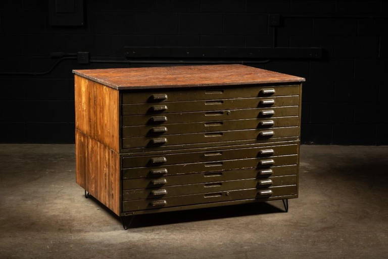 Vintage Wooden Flat File With Hairpin Legs