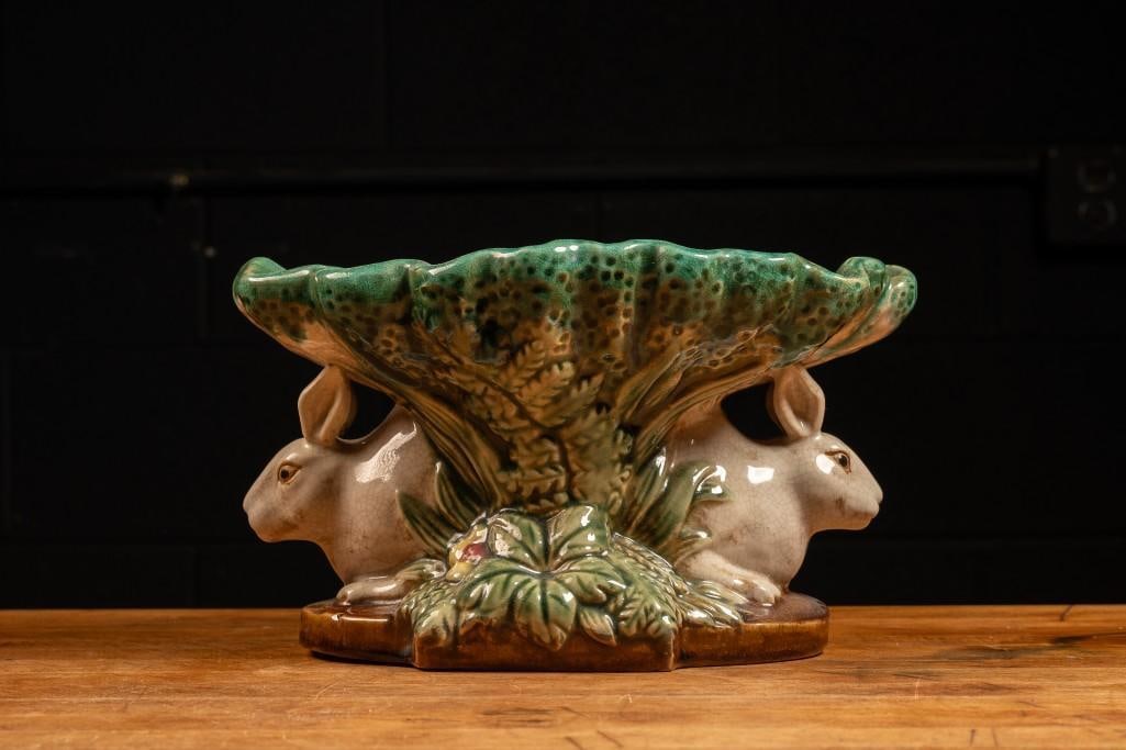 Antique Minton Majolica Rabbits with Leaf Dish (1 of 4)