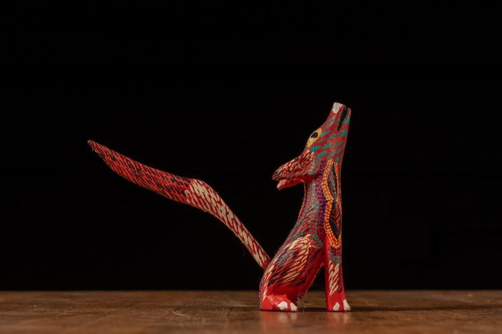Coyote Alebrije Mexican Folk Art: **For an in-house shipping quote, please reach out to us at rockauctiongallery@gmail.com** Artist: Pepe Santiago Medium: Acrylic on Copal Date: 20th Century Movement/Style: Folk Art Dimensions: 5"; x 