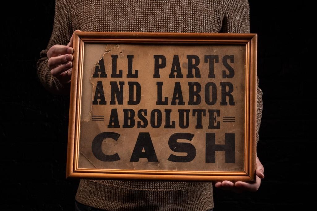 Framed Antique Parts and Labor Cardstock Sign: **For an in-house shipping quote, please reach out to us at rockauctiongallery@gmail.com** Framed mercantile sign, c. 1900s. Please note the rips, creases, and missing portions. 15.5" W x 12" H