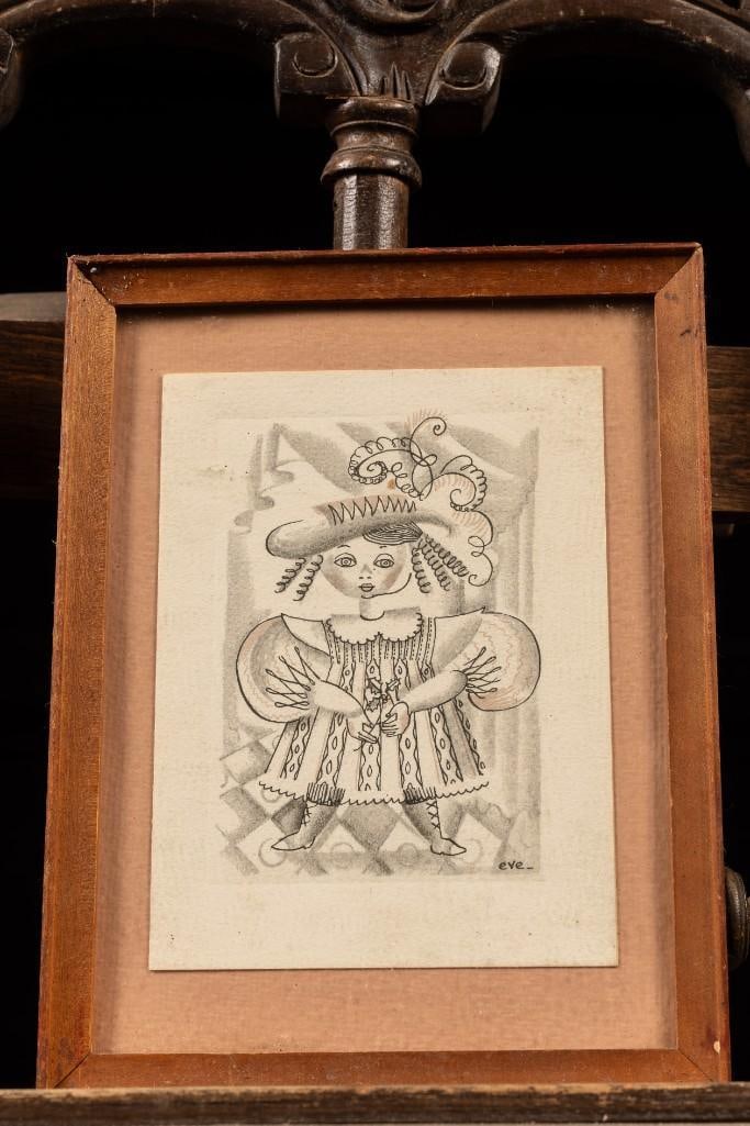 Antique Abstract Illustration of Victorian Woman: **For an in-house shipping quote, please reach out to us at rockauctiongallery@gmail.com** Framed Abstract Illustration of Victorian Woman by Eve - London, 1945. 6.75" x 8.75"