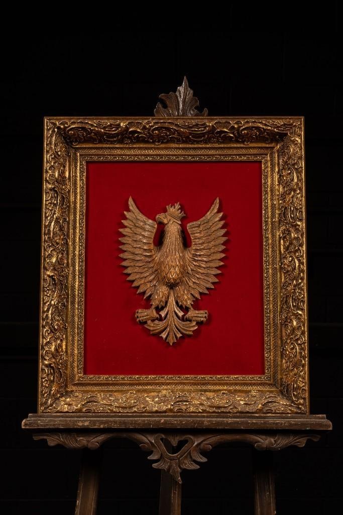 Vintage Carved Wooden Czech Eagle On Red Felt: **For an in-house shipping quote, please reach out to us at rockauctiongallery@gmail.com** Vintage Carved Wooden Czech Eagle On Red Felt 21" x 24"
