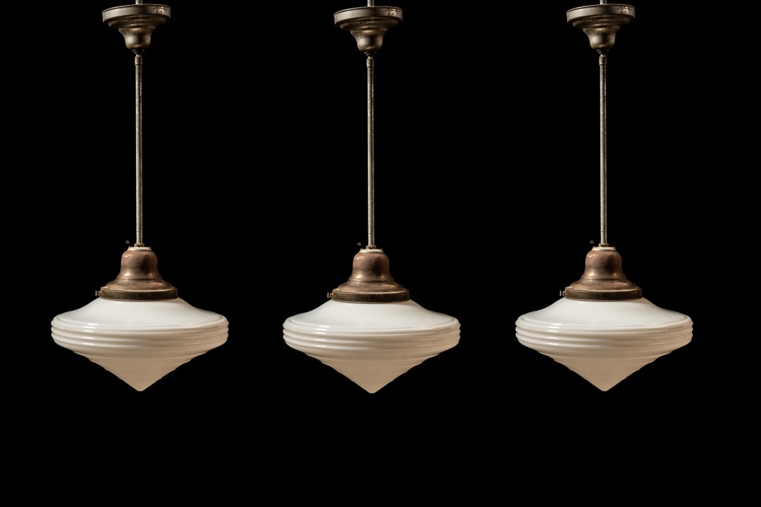 Set of Three (3) Antique Art Deco Pendant Lamps with Medium-Sized Milk Glass Globes (1 of 6)
