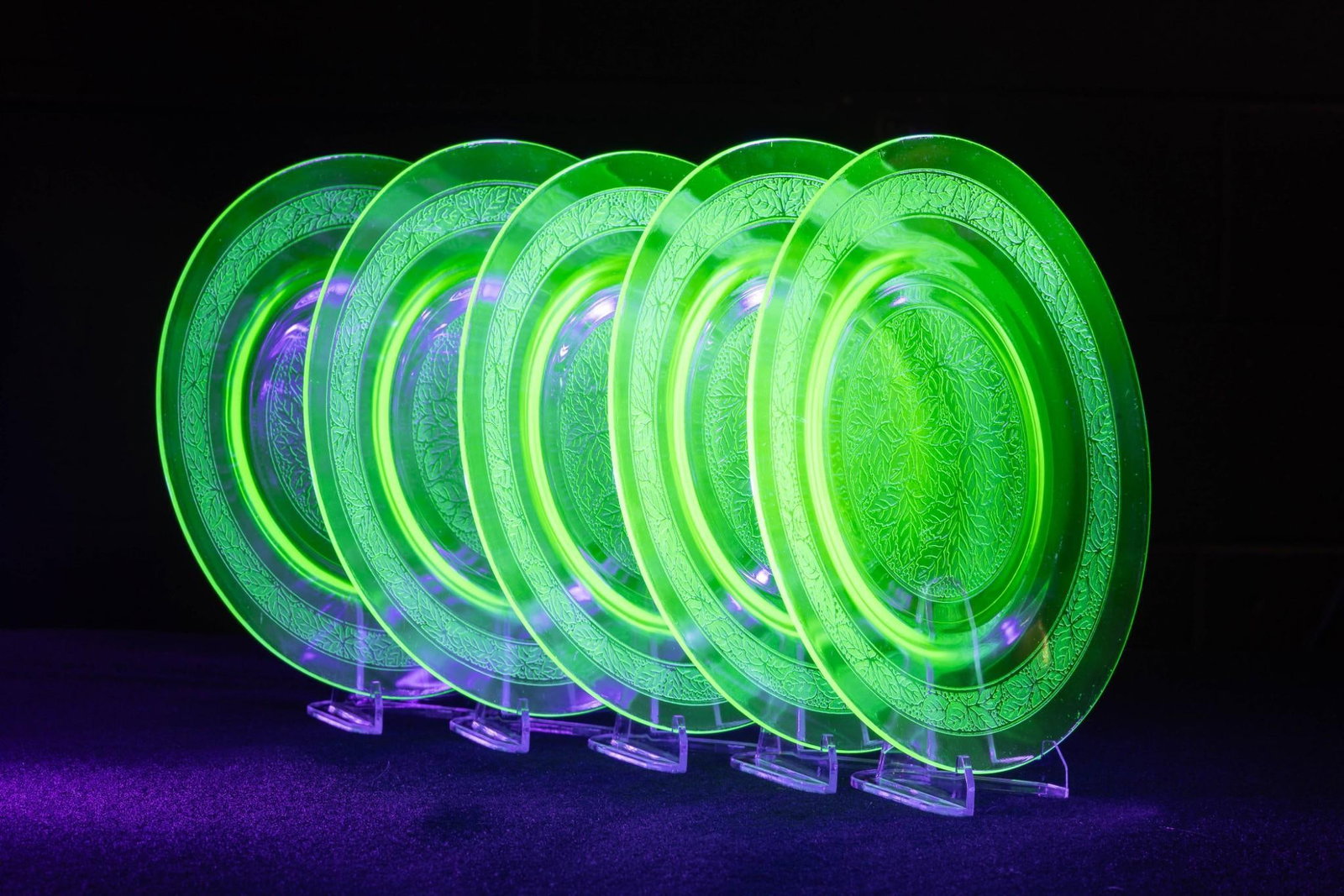 Uranium Glass Floral Plates - Set of 5 (1 of 4)