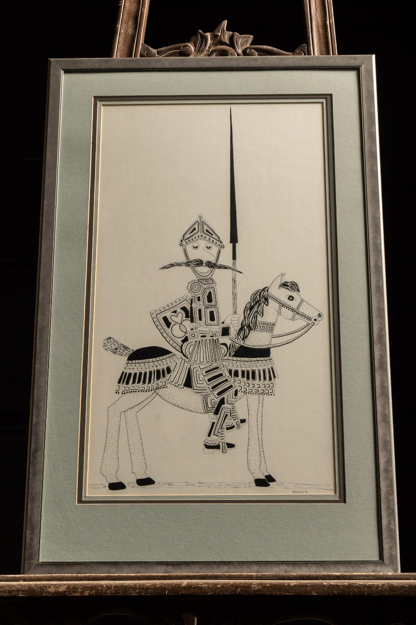 Knight On Horse by Jeff Gale, 1987, Pen on Paper: Signed and dated pen on paper piece depicting a cartoonish knight on a horse. 18.25" x 29.25"