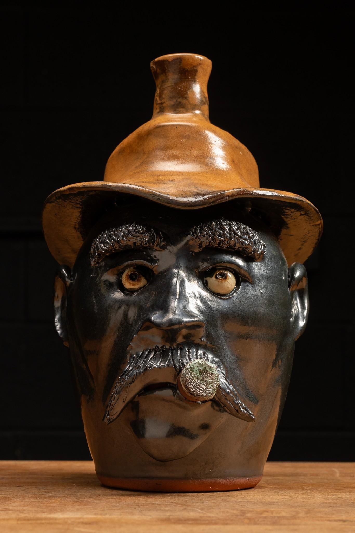 Blue Glazeware Face Jug with Cigar and Fishing Hat by Billy Joe Craven (1 of 9)