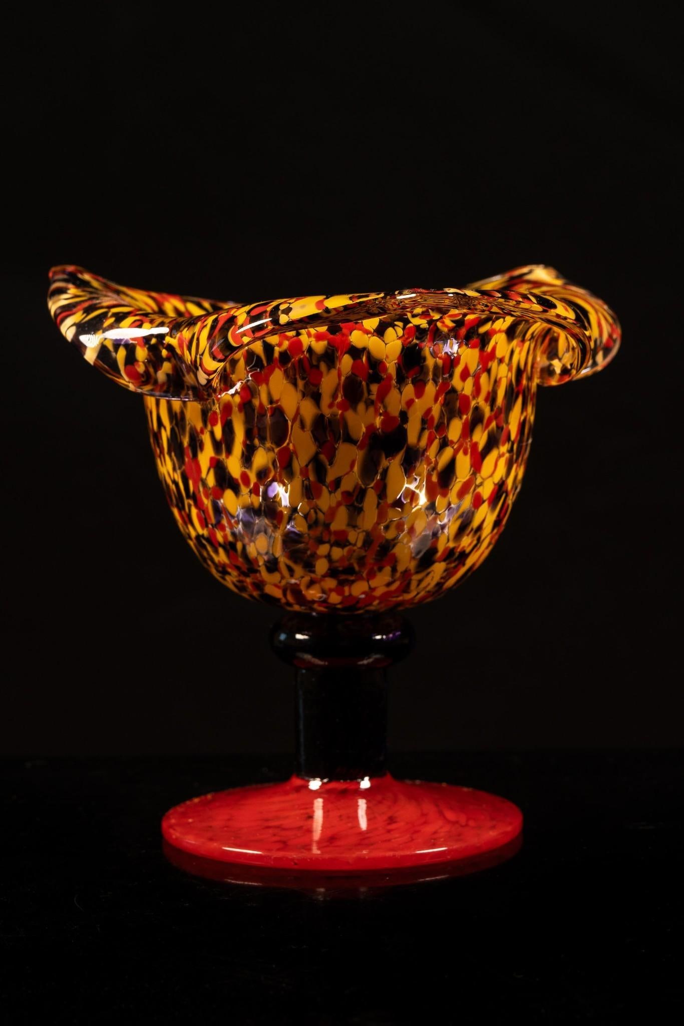 Multicolored Blown Art Glass Goblet: Vintage art glass goblet or vessel with yellow, red, and dark blue accents. Appears to be free from cracks and chips, but exhibits minor scratches. 5 5.5 5