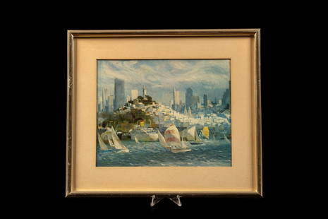 San Francisco Bay and Skyline Framed Print: Artist: Louis Macouillard (1913-1987) Date: 1970s-1980s Medium: Litho Print Style/Movement: Impressionism Condition Notes: Frame exhibits some minor scratches. Dimensions: 14.25&#34; W x 12.5&#34; H