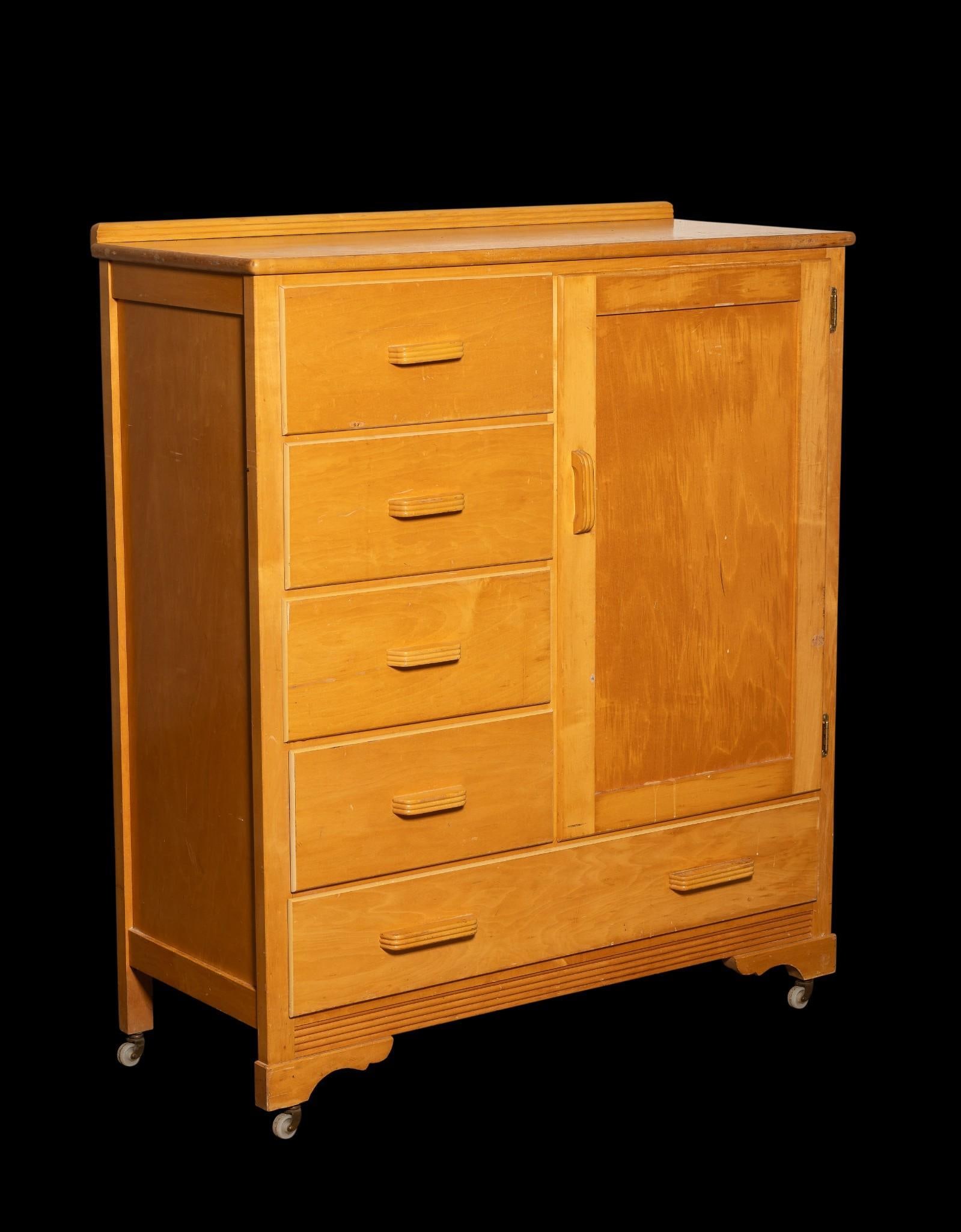 Vintage Edison Little Folks "Park Avenue" Cabinet on Casters: c. 1940s children’s dresser from Edison Wood Products, Inc. in New London, WI. Edison Wood was one of the many Thomas A. Edison industries that made him the figure he is today. This wheeled piece, f
