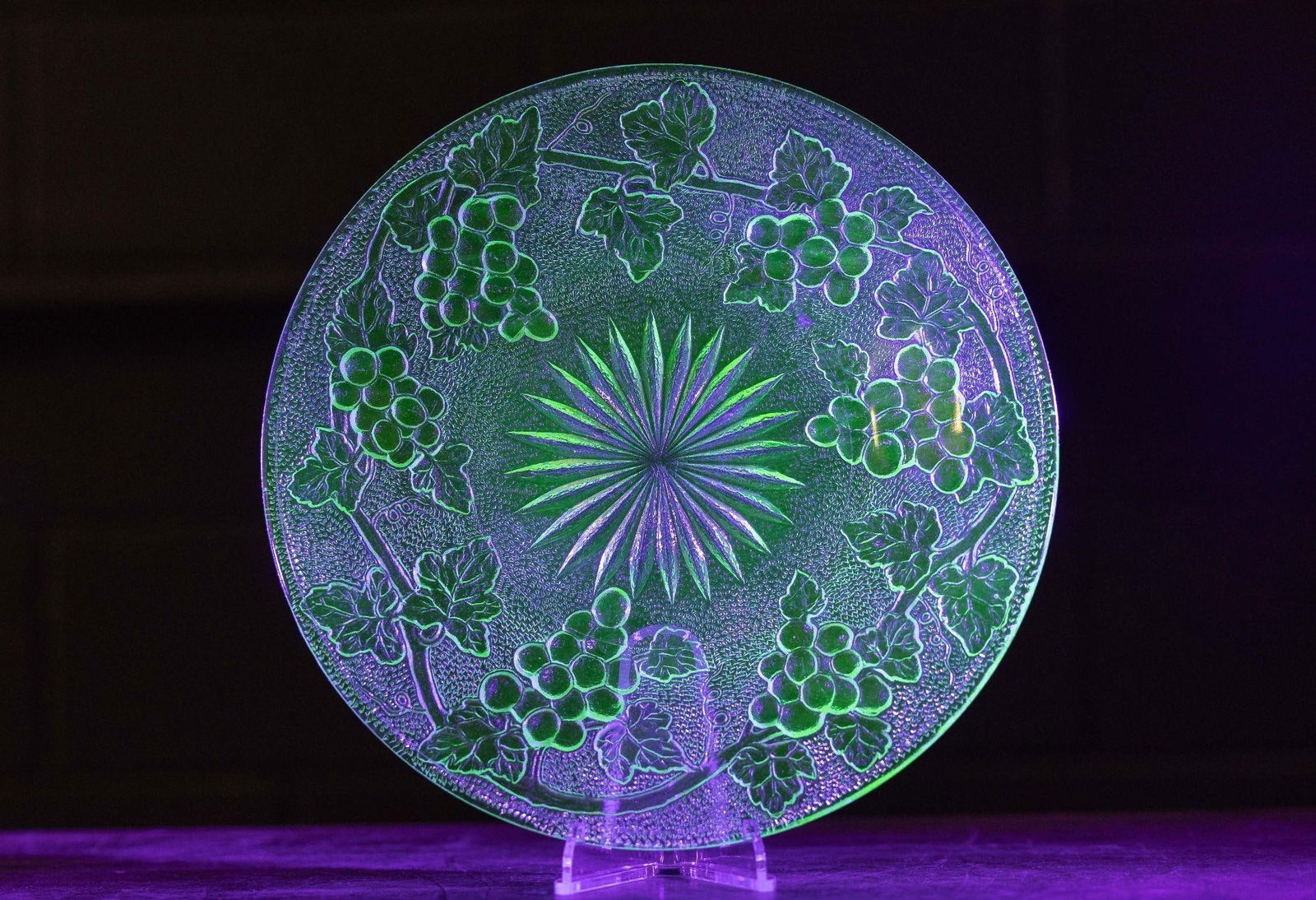 Vintage Uranium Glass Grape Pattern Dining Plate (1 of 7)
