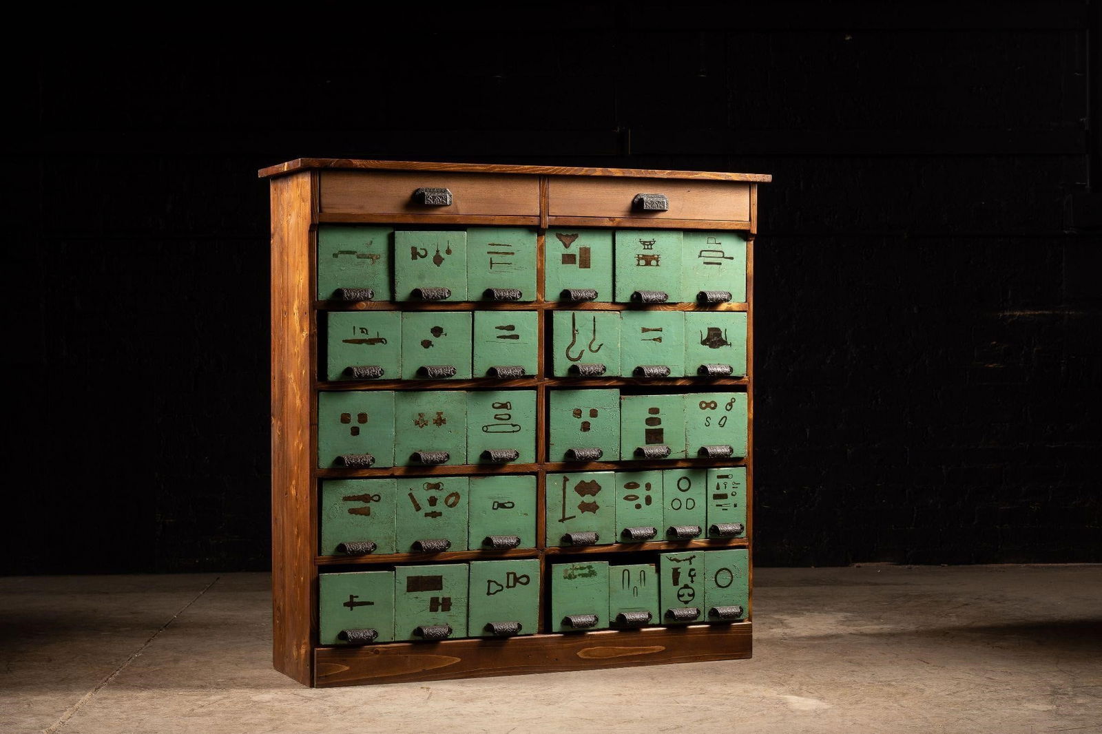 Vintage Wooden Parts Cabinet with Green Drawers (1 of 8)