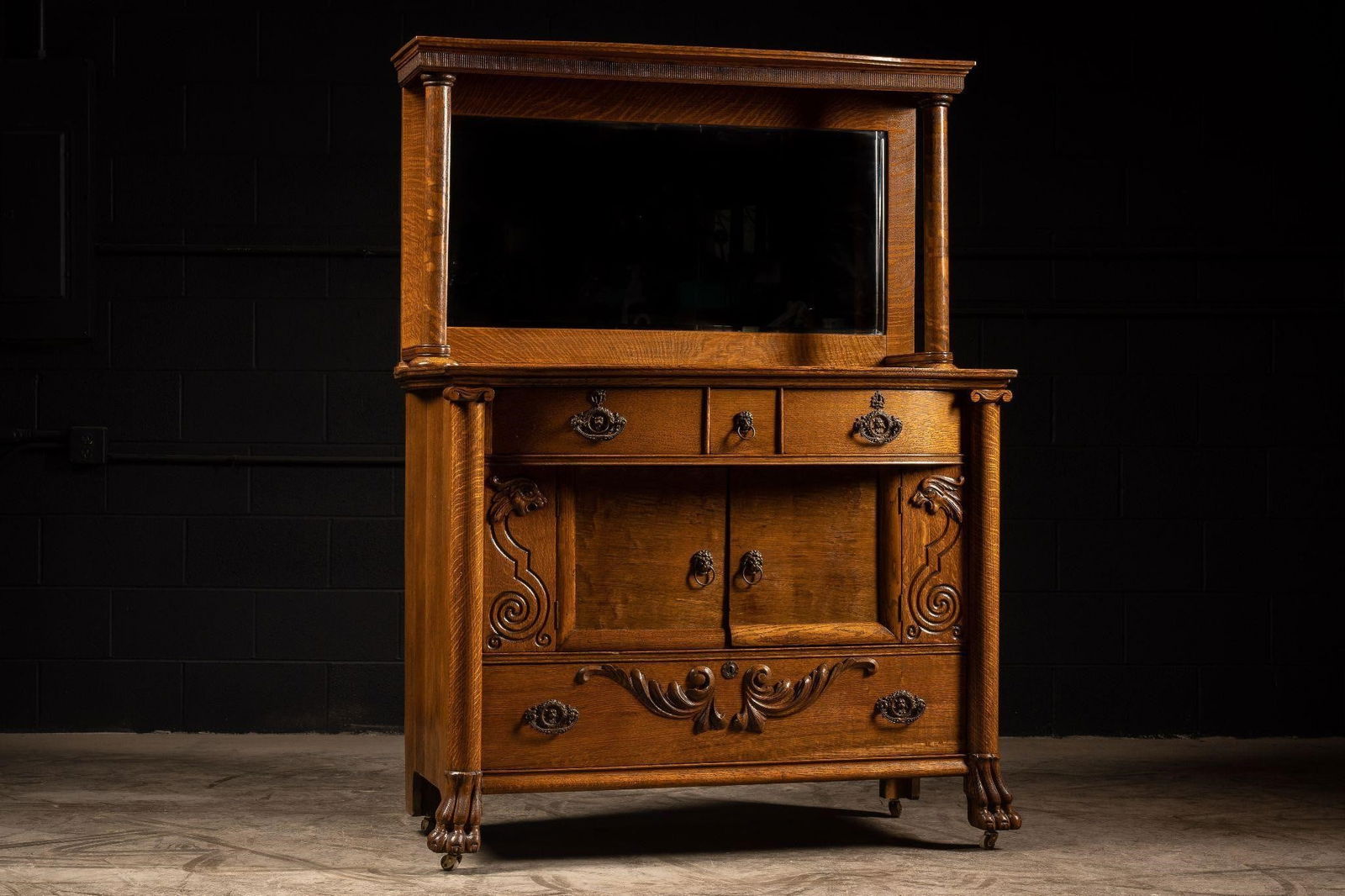 Vintage Tiger Oak Chippendale Buffet with Mirror (1 of 10)