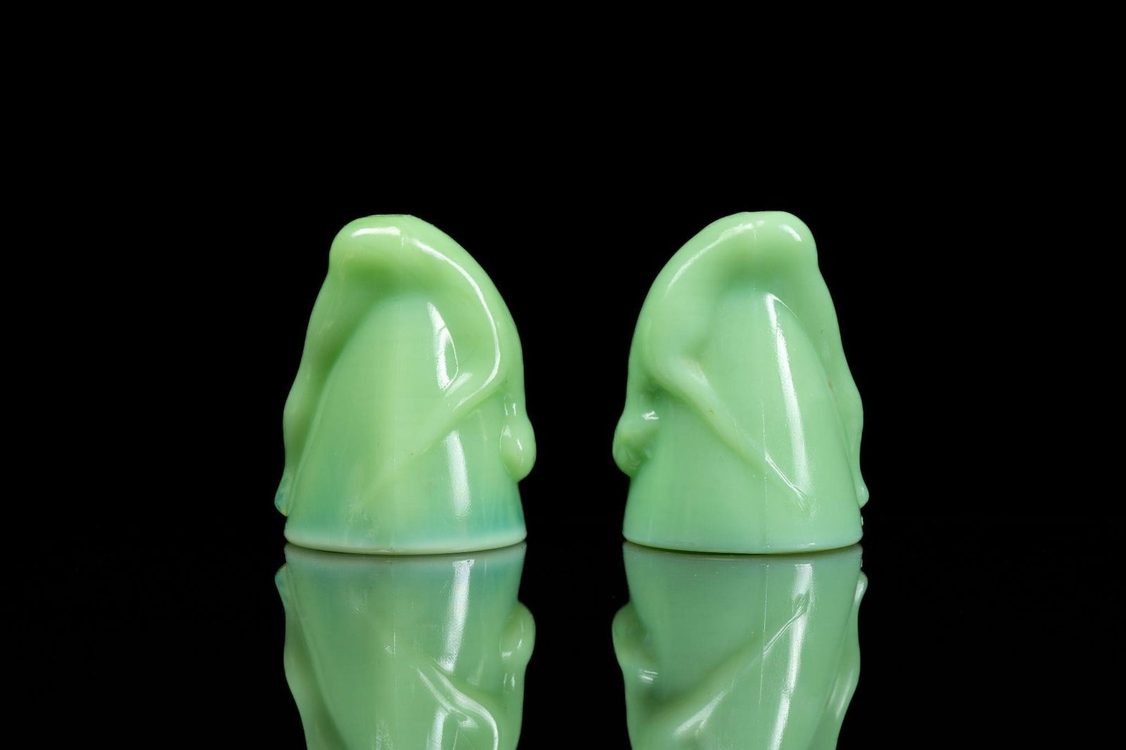 Pair of Jadeite Bottoms Up Shot Glasses 3: Item SKU: C-12089 Matching risqué novelty shot glasses. Patent number 77725 found on glass between feet and rim. Excellent condition, free of damage. 2.25" dia x 3.5" H