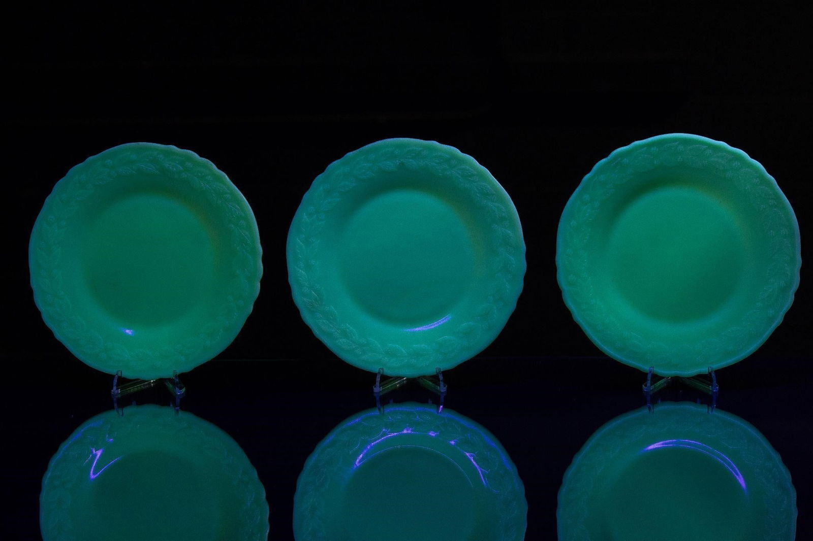 Three Custard Glass Laurel Lunch Plates by McKee: Item SKU: C-12113 McKee marked on bottom. Excellent condition, free of damage. 7.5" dia