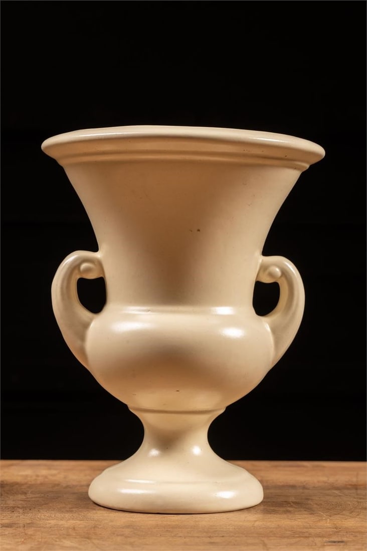 Vintage Green Haeger Amphora Vase: Item SKU: C-7596 c. 1930s; Haeger Potteries - East Dundee, IL Neo-Grecian vessel from Haeger. Features scrolled handles and tapered appearance ending in a narrow base. Top heavy. Appears to be in good