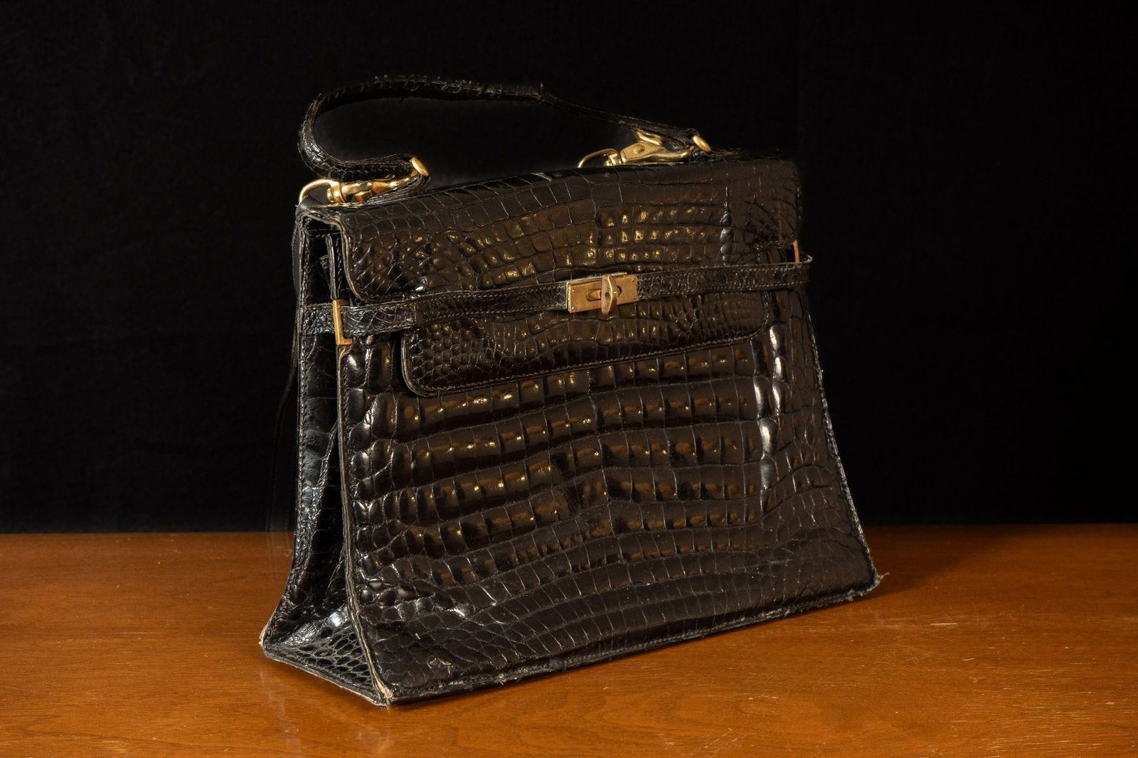 Vintage Morabito Faux Alligator Skin Purse: Item SKU: C-9044 Morabito Paris black leather purse with brass clasp and buckles. Minor signs of wear consistent with age and use. 12" W x 4" D x 9" H