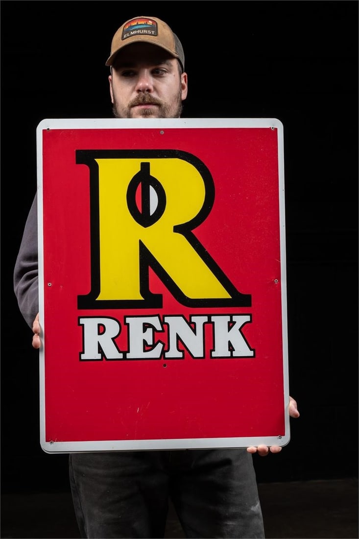Renk Double Sided Aluminum Beer Sign: NOTE: For an accurate in-house shipping quote on this lot, please reach out to us at rockauctiongallery@gmail.com. Item SKU: C-12318 Vintage Renk seeds crop sign. Image is repeated on both sides. Exhi