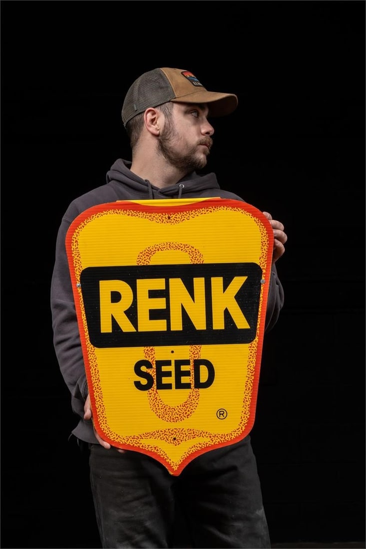 Renk Seed Double Sided Plastic Beer Sign: NOTE: For an accurate in-house shipping quote on this lot, please reach out to us at rockauctiongallery@gmail.com. Item SKU: C-12319 Vintage Renk seeds crop sign. Image is repeated on both sides. Exhi