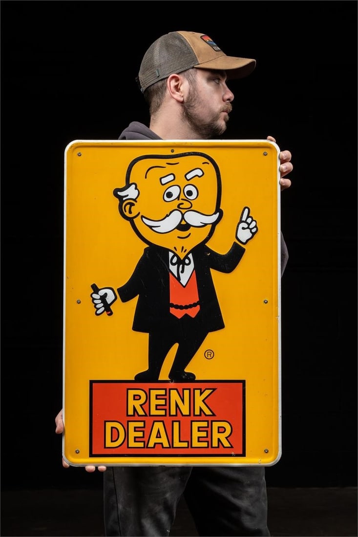Renk Dealer Double Sided Aluminum Beer Sign: NOTE: For an accurate in-house shipping quote on this lot, please reach out to us at rockauctiongallery@gmail.com. Item SKU: C-12323 Vintage double-sided Renk dealer storefront sign with a large, play