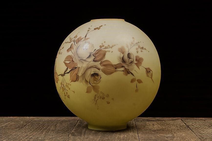 Antique Hand Painted Opaque Glass Globe Lampshade: NOTE: For an accurate in-house shipping quote on this lot, please reach out to us at rockauctiongallery@gmail.com. Item SKU: C-13458 Earthtone glass globe with a white-green gradient across the body a