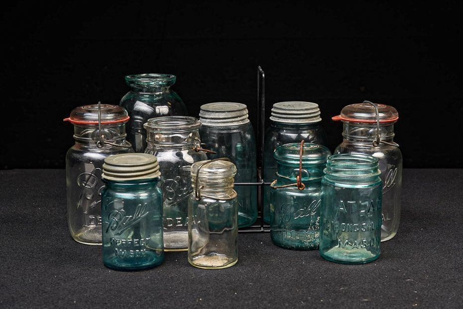 Lot of Vintage Ball and Atlas Canning Jars: NOTE: For an accurate in-house shipping quote on this lot, please reach out to us at rockauctiongallery@gmail.com. Item SKU: C-16058 This lot includes nine vintage glass canning jars in a variety of s