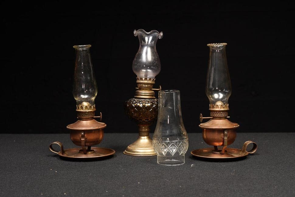 Lot of Three Vintage Oil Lamps with Chimneys (1 of 5)