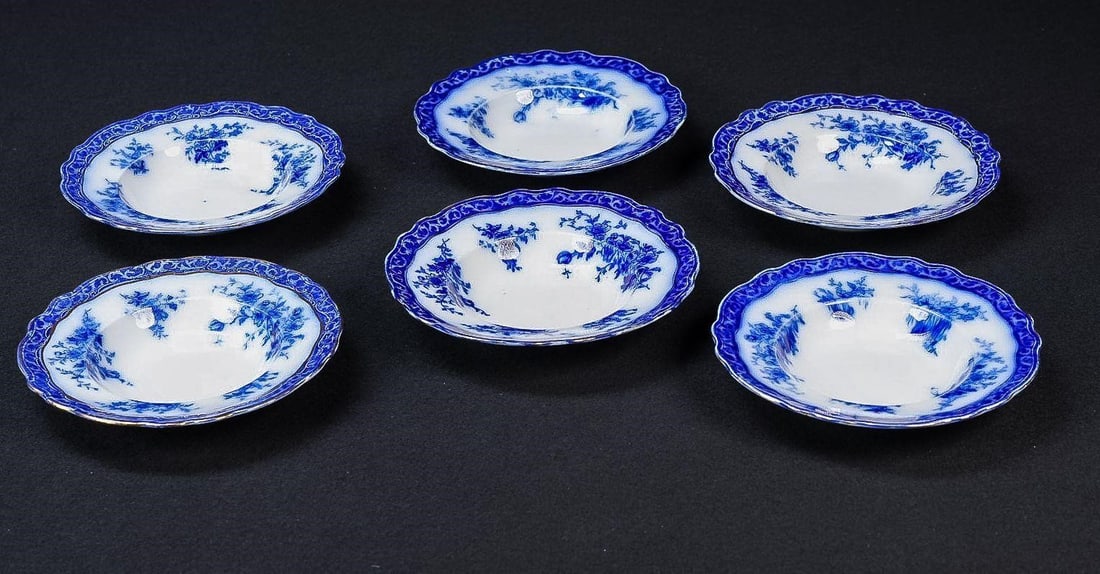 Set of Six Flow Blue Alcock Rimmed Soup Bowls: NOTE: For an accurate in-house shipping quote on this lot, please reach out to us at rockauctiongallery@gmail.com. Item SKU: C-17526 c. 1890s-1910s; Henry Alcock & Co. - Cobridge, Staffordshire, Engla