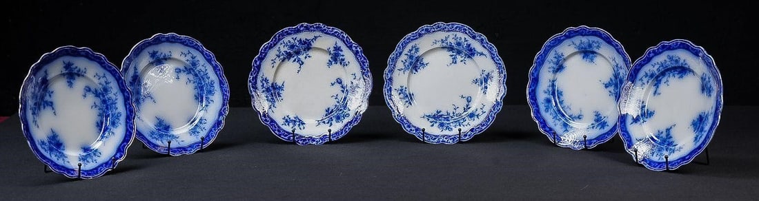 Set of Six Flow Blue Alcock Dinner Plates: NOTE: For an accurate in-house shipping quote on this lot, please reach out to us at rockauctiongallery@gmail.com. Item SKU: C-17533 c. 1890s-1910s; Henry Alcock & Co. - Cobridge, Staffordshire, Engla