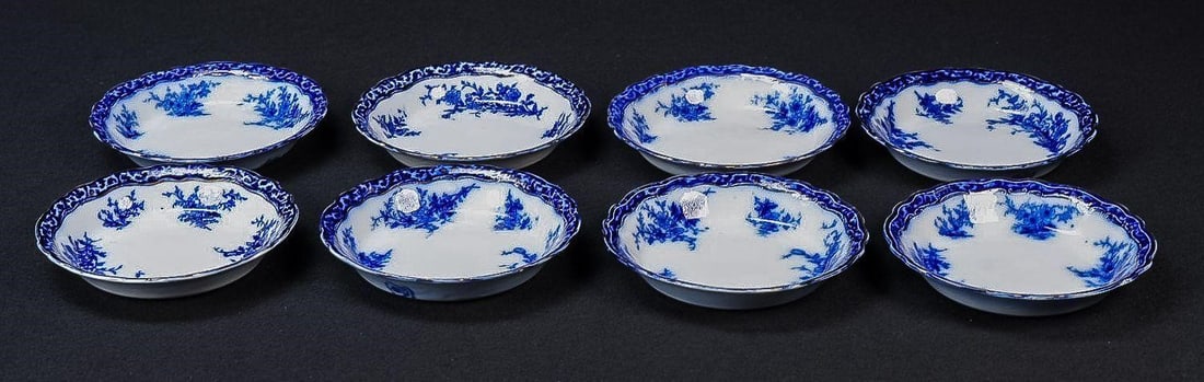 Set of Eight Flow Blue Stanley/Alcock Soup Bowls: NOTE: For an accurate in-house shipping quote on this lot, please reach out to us at rockauctiongallery@gmail.com. Item SKU: C-17546 c. 1890s-1910s; Henry Alcock & Co. & Stanley Pottery - Staffordshir