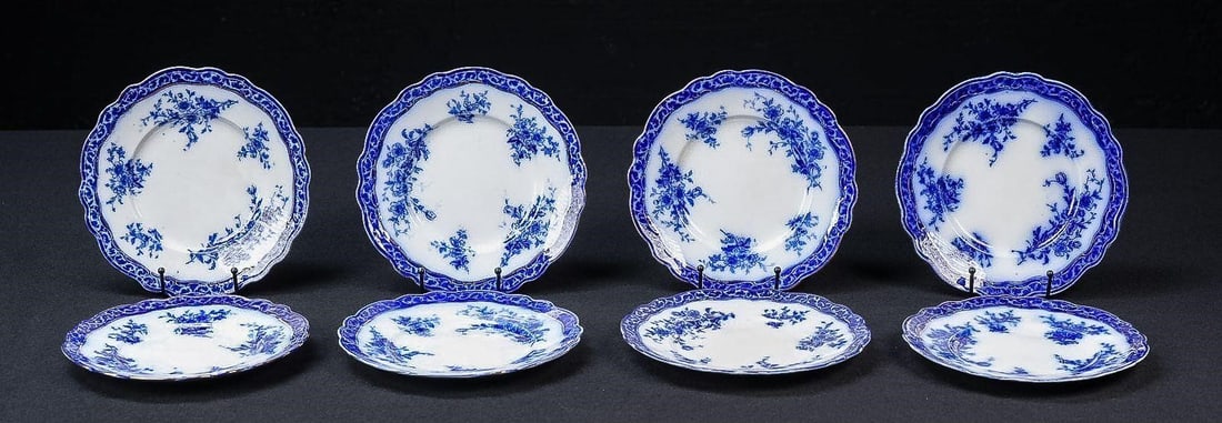 Set of Eight Alcock Flow Blue Dinner Plates: NOTE: For an accurate in-house shipping quote on this lot, please reach out to us at rockauctiongallery@gmail.com. Item SKU: C-17565 c. 1890s-1910s; Henry Alcock & Co. - Cobridge, Staffordshire, Engla
