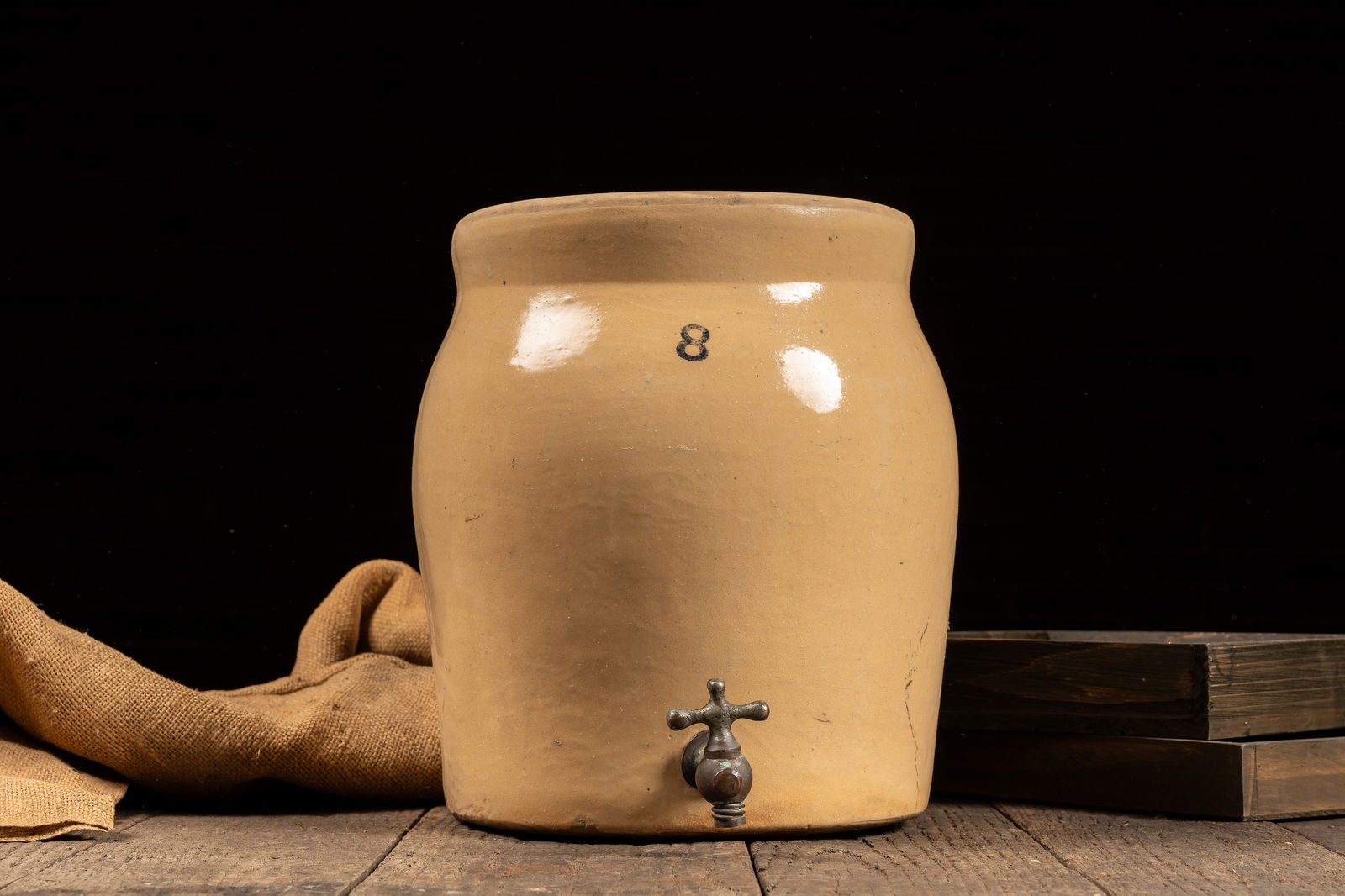 Medium Yellow Stoneware Crock w Spigot: **NOTE: Any shipping quotes provided on this screen are provided by Live Auctioneers. For an in-house shipping quote on this lot, please reach out to us at rockauctiongallery@gmail.com.** 