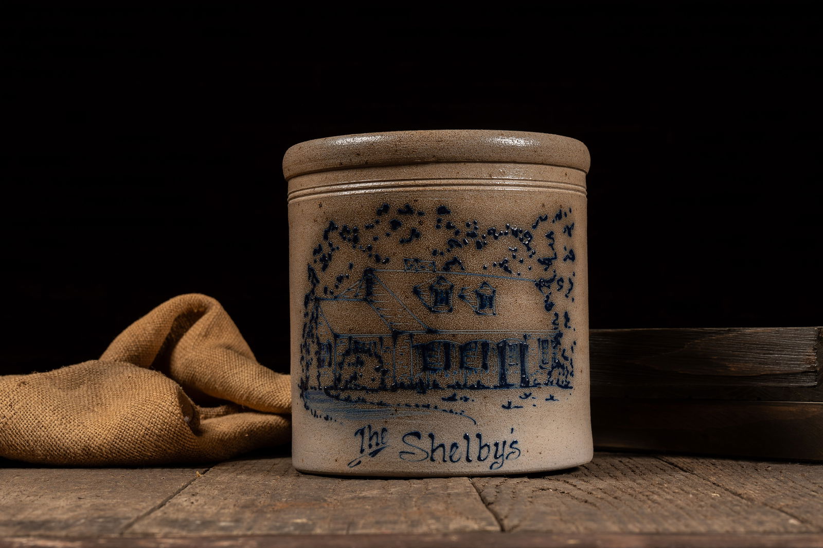 Vintage 'The Shelby's' Stoneware Crock by Rockdale: **NOTE: Any shipping quotes provided on this screen are provided by Live Auctioneers. For an in-house shipping quote on this lot, please reach out to us at rockauctiongallery@gmail.com.** 
