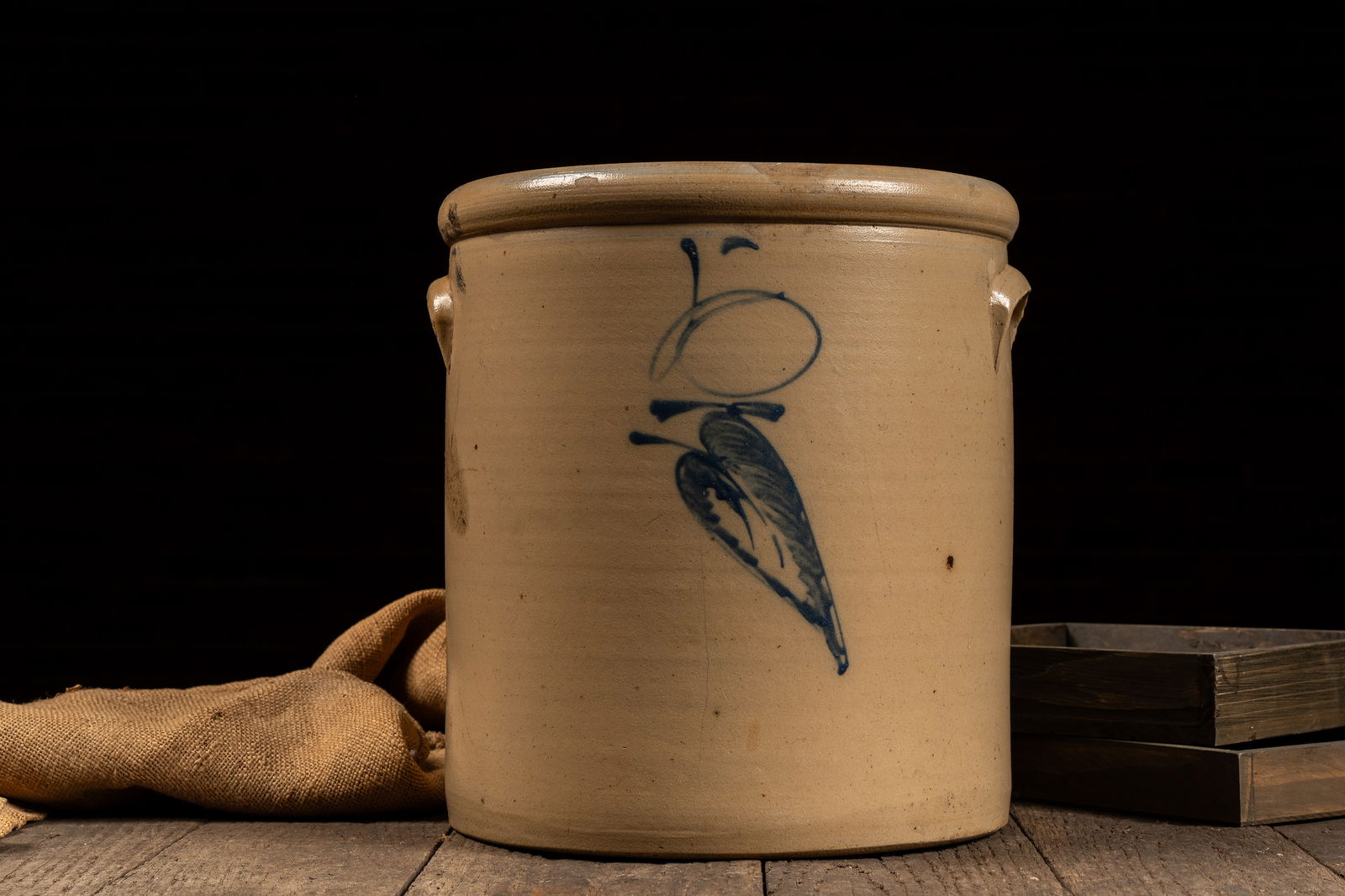 Large Stoneware Crock w Blue Leaf Mark: **NOTE: Any shipping quotes provided on this screen are provided by Live Auctioneers. For an in-house shipping quote on this lot, please reach out to us at rockauctiongallery@gmail.com.** C-18572