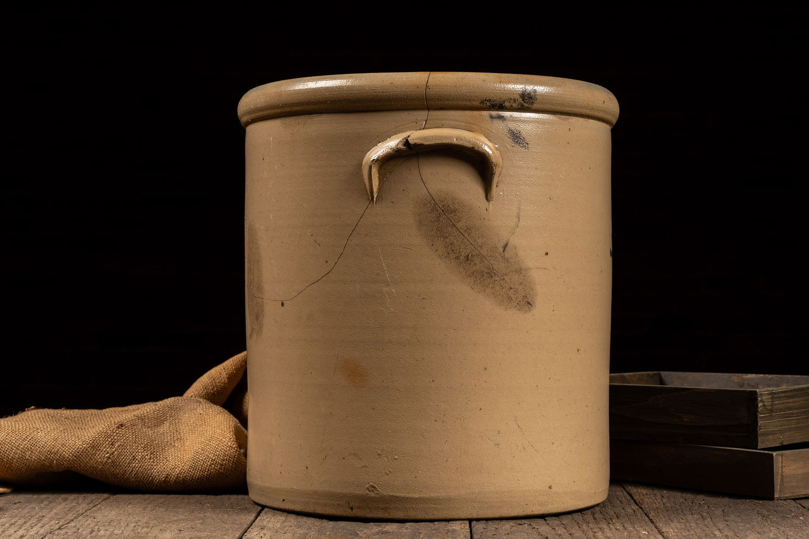 Large Stoneware Crock w Blue Leaf Mark - 2