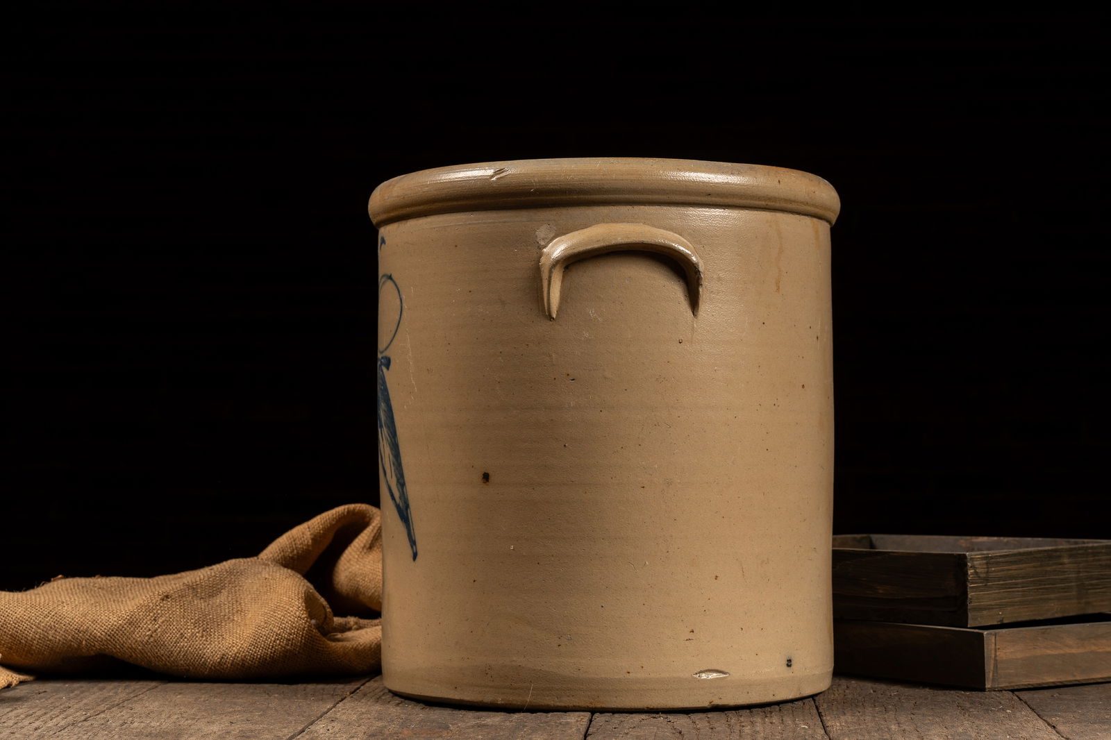 Large Stoneware Crock w Blue Leaf Mark - 5