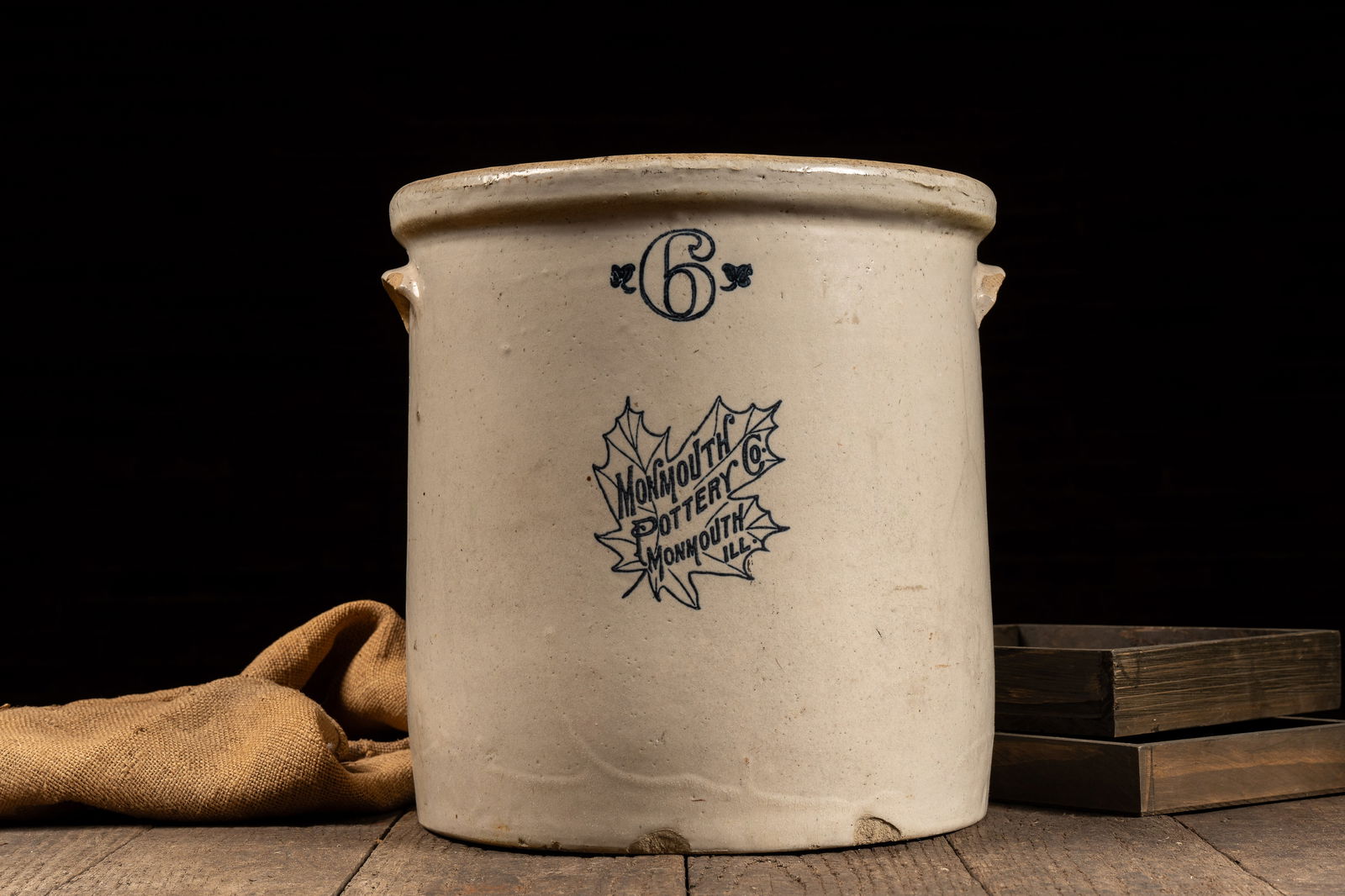 6 Gal. Monmouth Stoneware Crock: **NOTE: Any shipping quotes provided on this screen are provided by Live Auctioneers. For an in-house shipping quote on this lot, please reach out to us at rockauctiongallery@gmail.com.** 