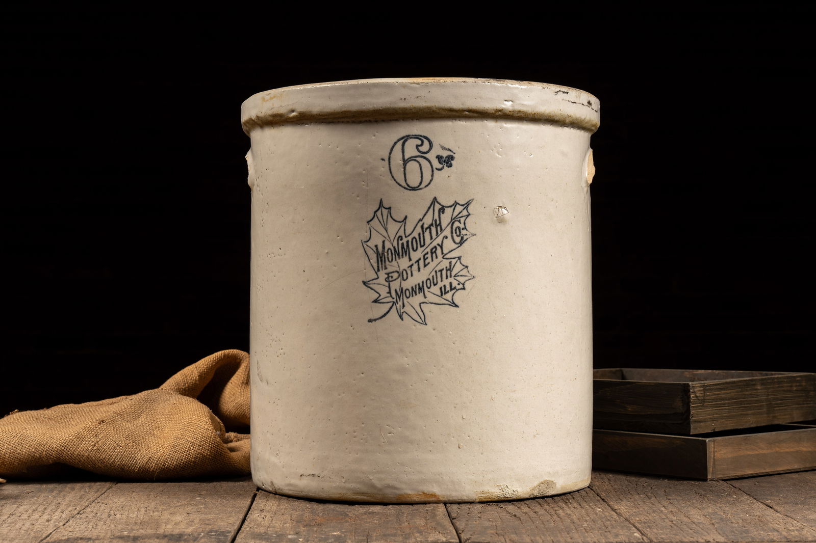 6 Gal. Monmouth Stoneware Crock: **NOTE: Any shipping quotes provided on this screen are provided by Live Auctioneers. For an in-house shipping quote on this lot, please reach out to us at rockauctiongallery@gmail.com.** 
