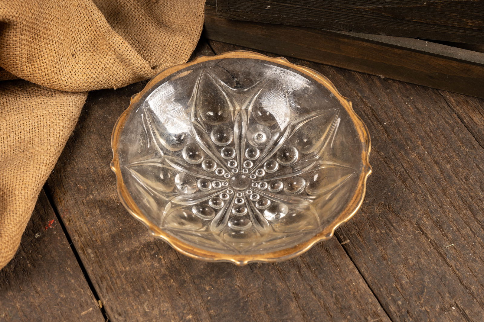 MCM Gilt-Rimmed Pressed Glass Dish: **NOTE: Any shipping quotes provided on this screen are provided by Live Auctioneers. For an in-house shipping quote on this lot, please reach out to us at rockauctiongallery@gmail.com.** C-18582