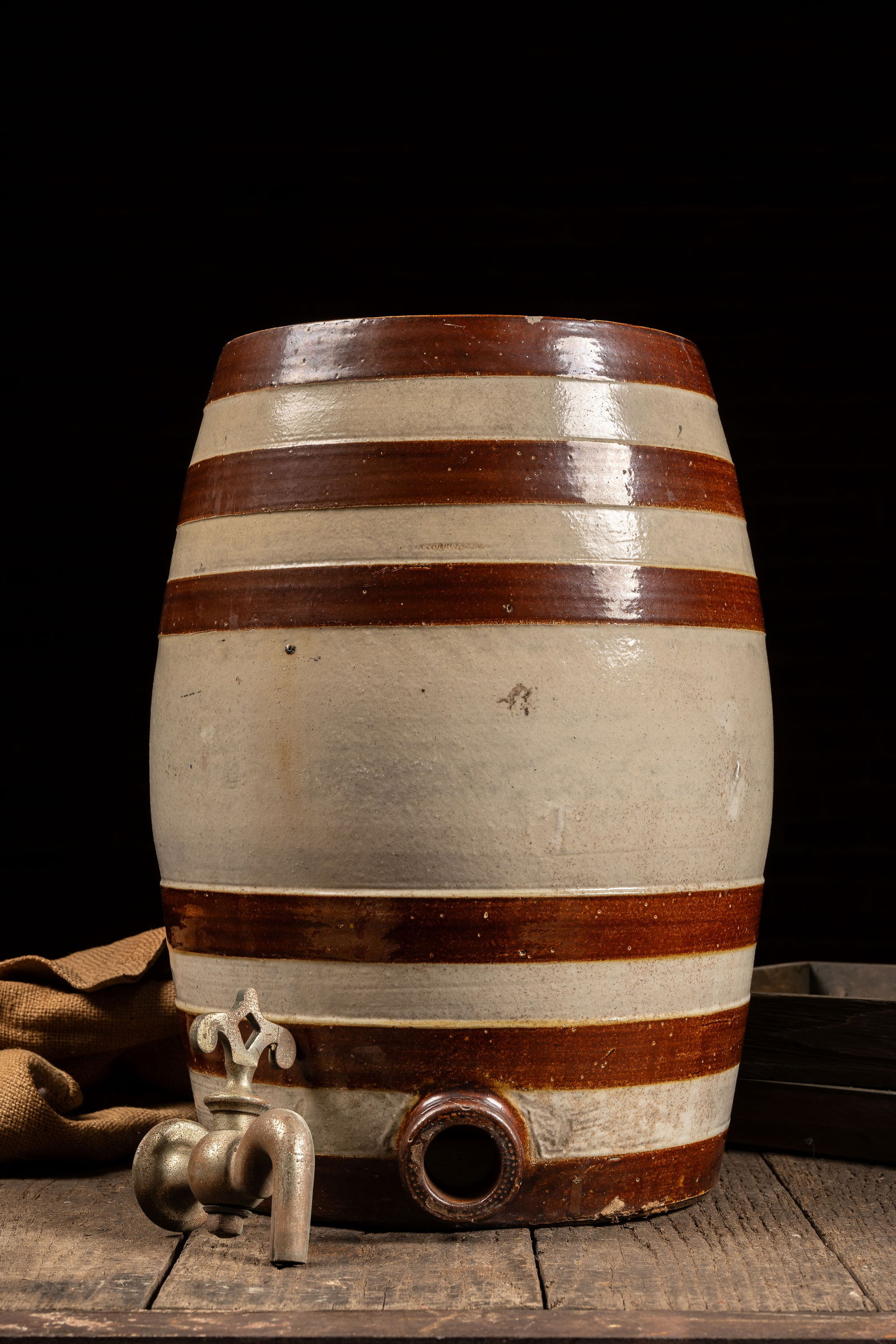 5 Gal. Brown Striped Stoneware Crock w Spigot: **NOTE: Any shipping quotes provided on this screen are provided by Live Auctioneers. For an in-house shipping quote on this lot, please reach out to us at rockauctiongallery@gmail.com.** 