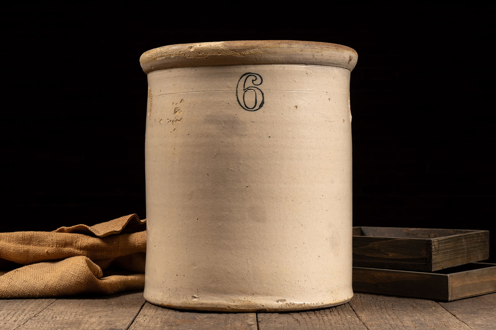 6 Gal. Unmarked Stoneware Crock: **NOTE: Any shipping quotes provided on this screen are provided by Live Auctioneers. For an in-house shipping quote on this lot, please reach out to us at rockauctiongallery@gmail.com.** 