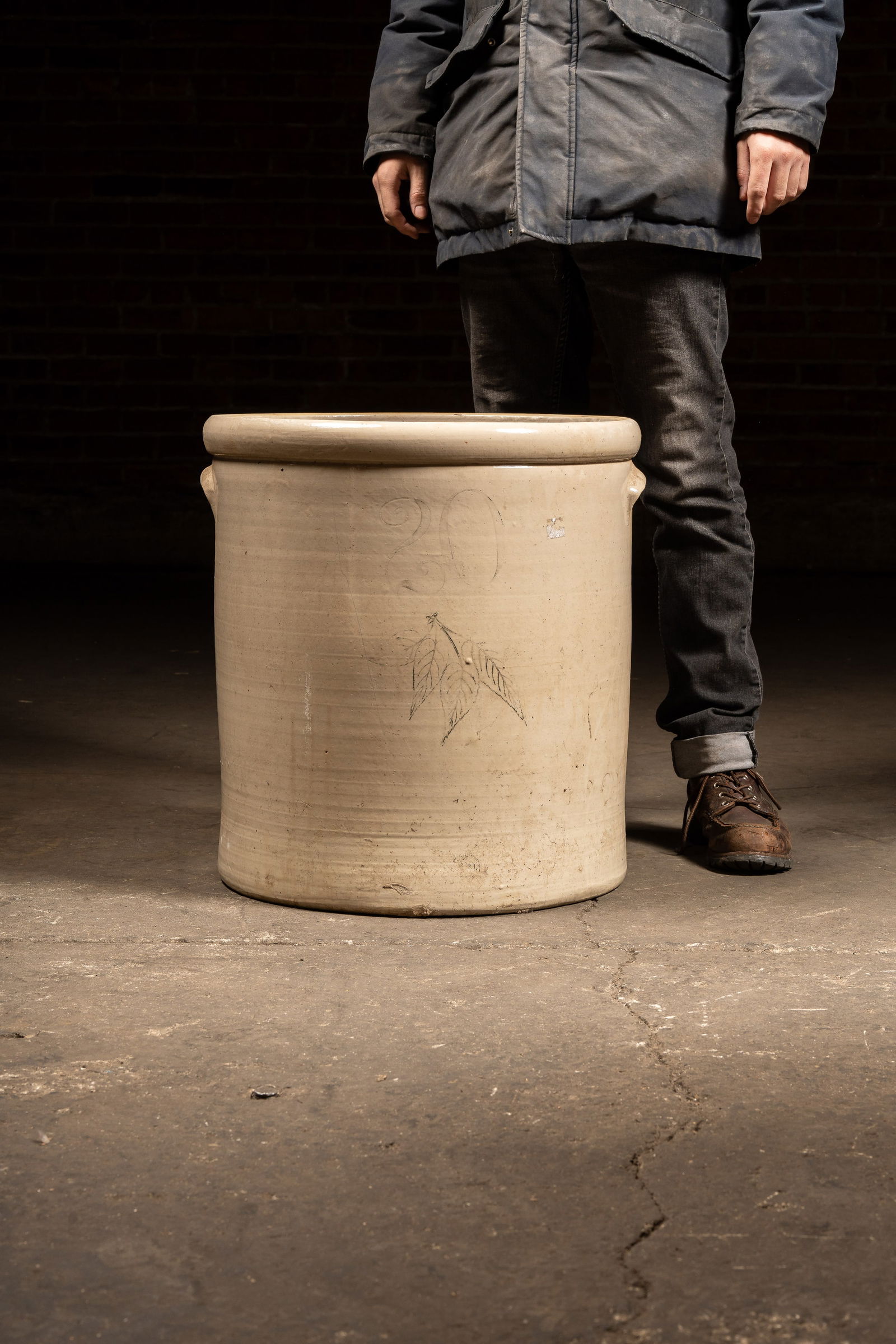 20 Gal. Stoneware Crock w Leaf Mark: **NOTE: Any shipping quotes provided on this screen are provided by Live Auctioneers. For an in-house shipping quote on this lot, please reach out to us at rockauctiongallery@gmail.com.** 