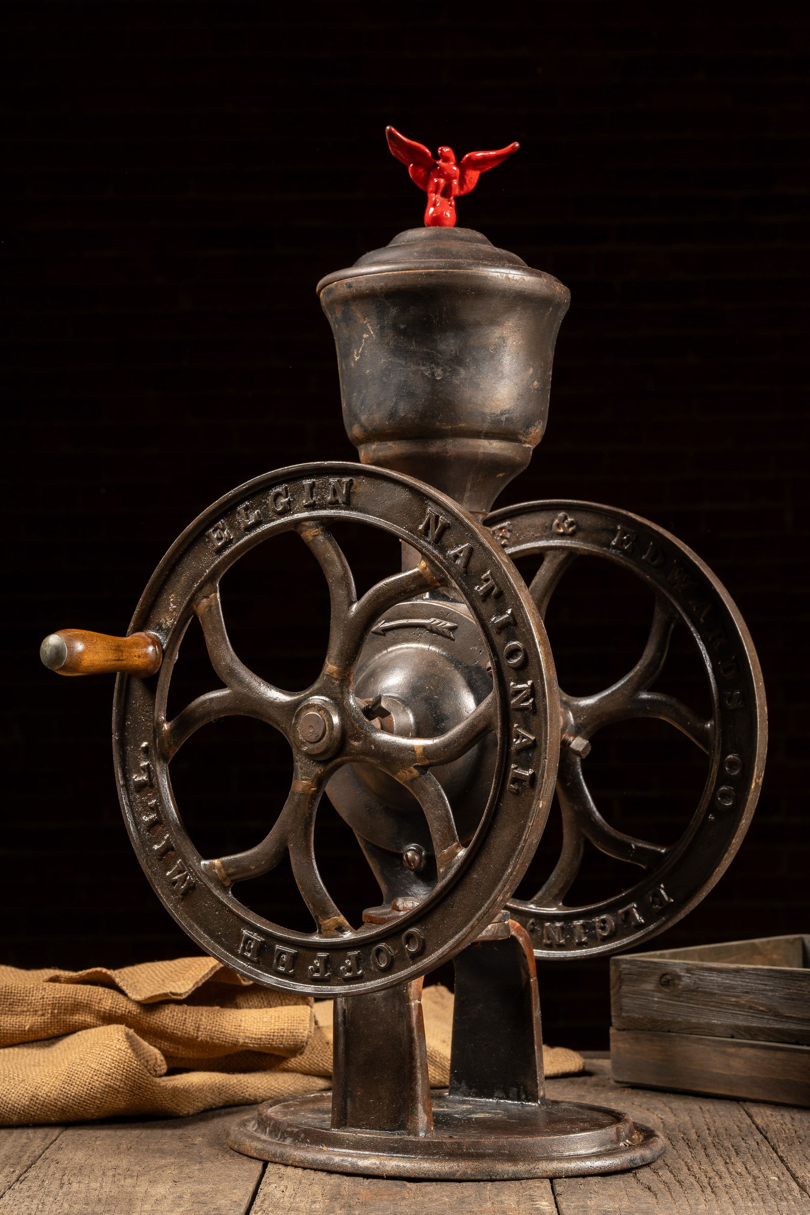 Antique Elgin National Cast Iron Coffee Mill: **NOTE: Any shipping quotes provided on this screen are provided by Live Auctioneers. For an in-house shipping quote on this lot, please reach out to us at rockauctiongallery@gmail.com.** C-18596